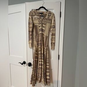 Ralph Lauren Beige and Brown Patterned Long Sleeve Dress